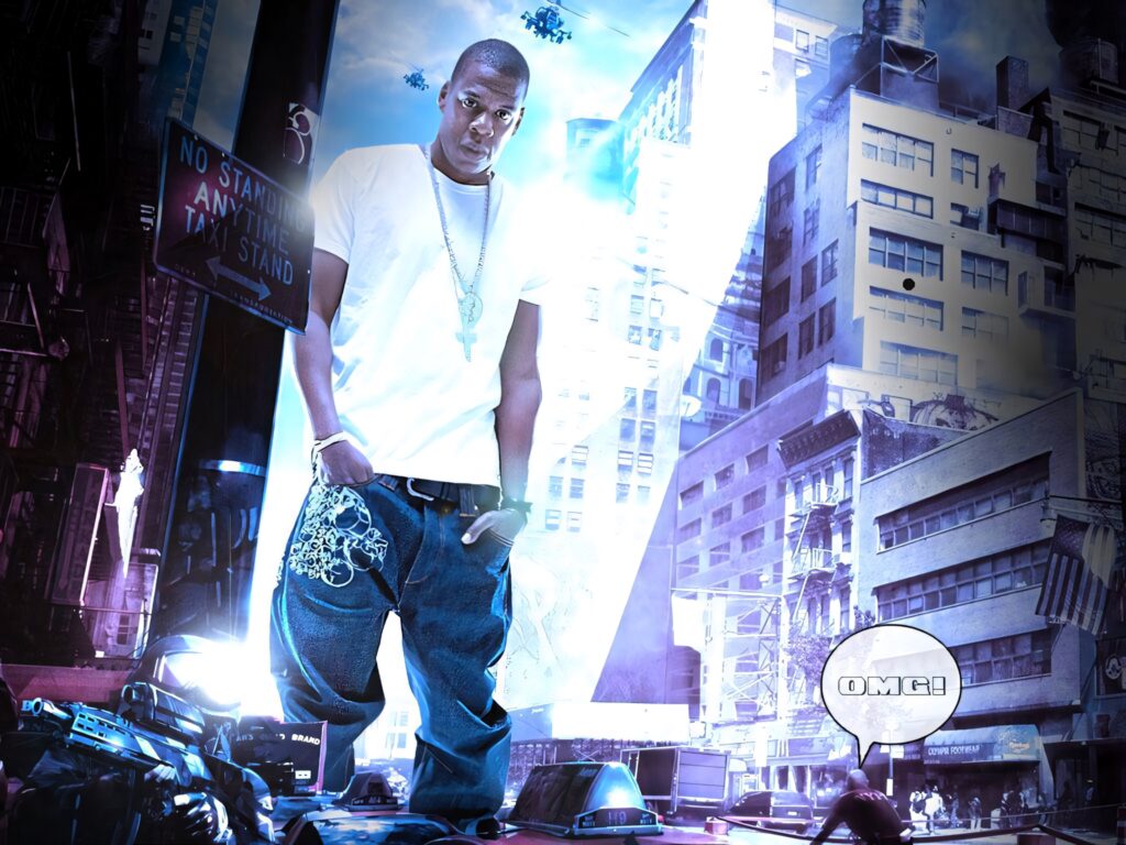 Jay-Z towering in futuristic cityscape glowing urban wallpaper background vibrant atmosphere