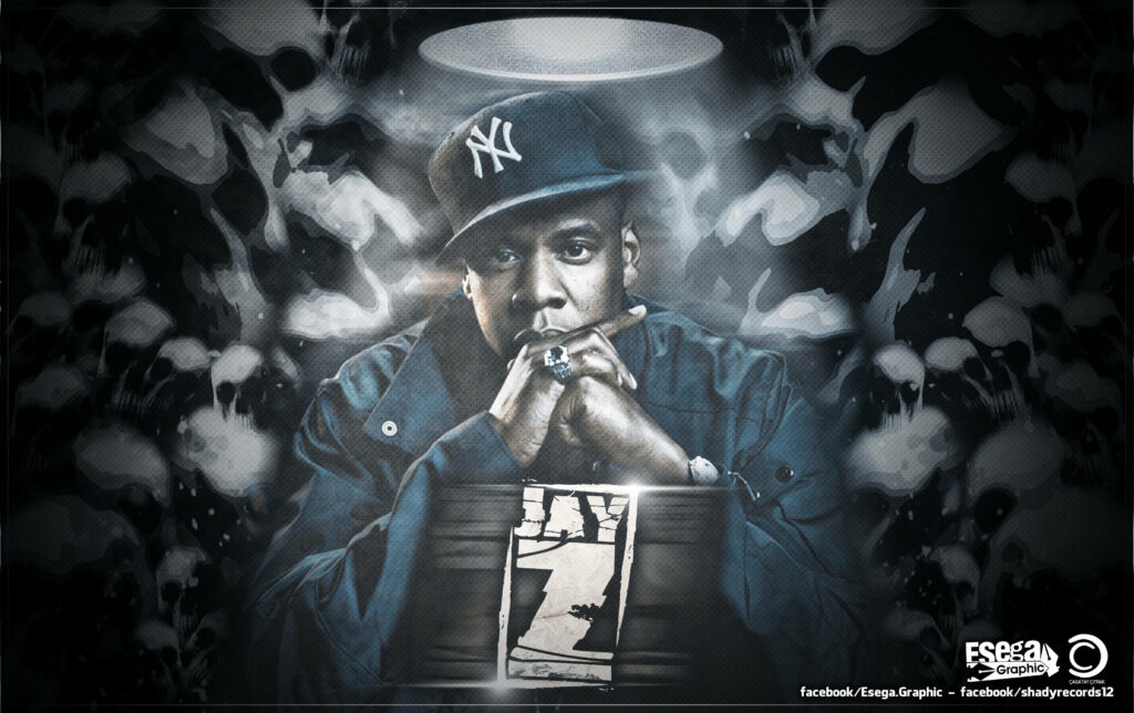 Monochrome portrait of Jay-Z wearing Yankees cap with abstract smoke and glowing halo background Wallpaper