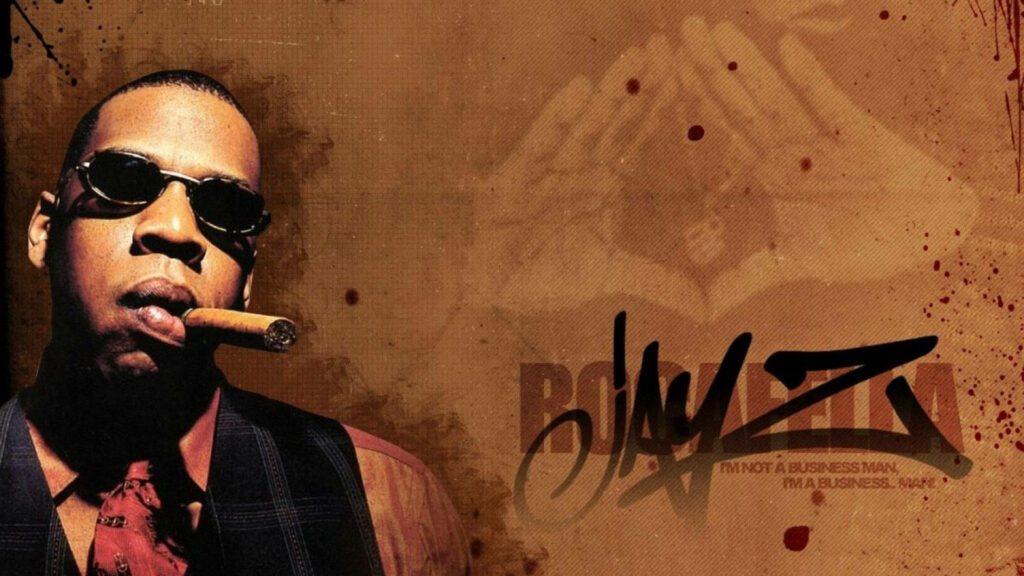 Jay-Z in sunglasses holding cigar with signature and Roc-A-Fella hand symbol wallpaper background