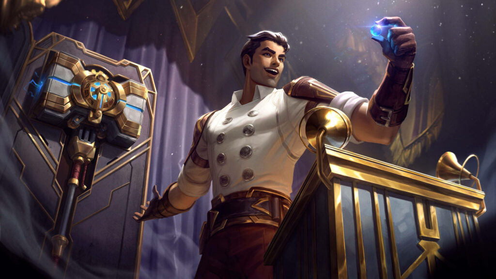 Jayce from Arcane holding glowing hextech crystal by golden podium with grand hammer background Wallpaper