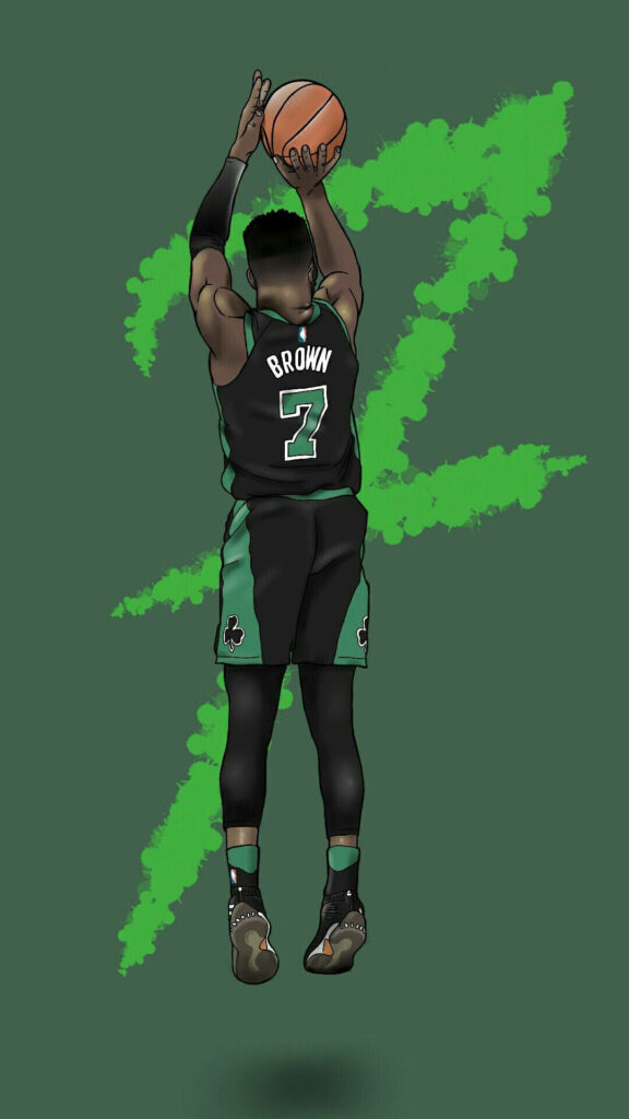 Jaylen Brown Boston Celtics digital illustration mid-jump shot green jersey dynamic wallpaper