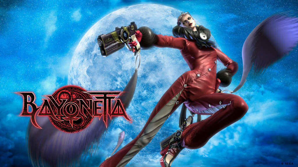 Jeanne Bayonetta dynamic pose with signature guns glowing full moon dramatic sky wallpaper