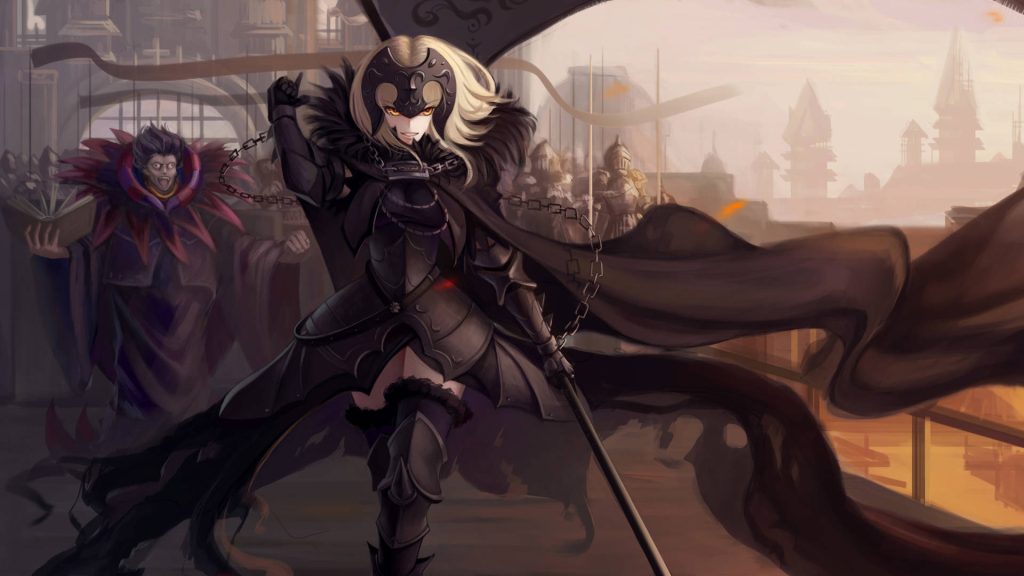 Jeanne d'Arc Alter in black armor with flag and Caster Gilles de Rais in dark war-torn anime scene Wallpaper