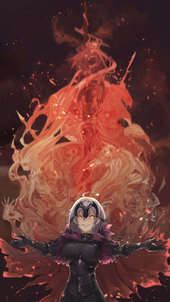 Jeanne d’Arc Alter in black armor with sinister grin and red spectral entity Fate Grand Order wallpaper