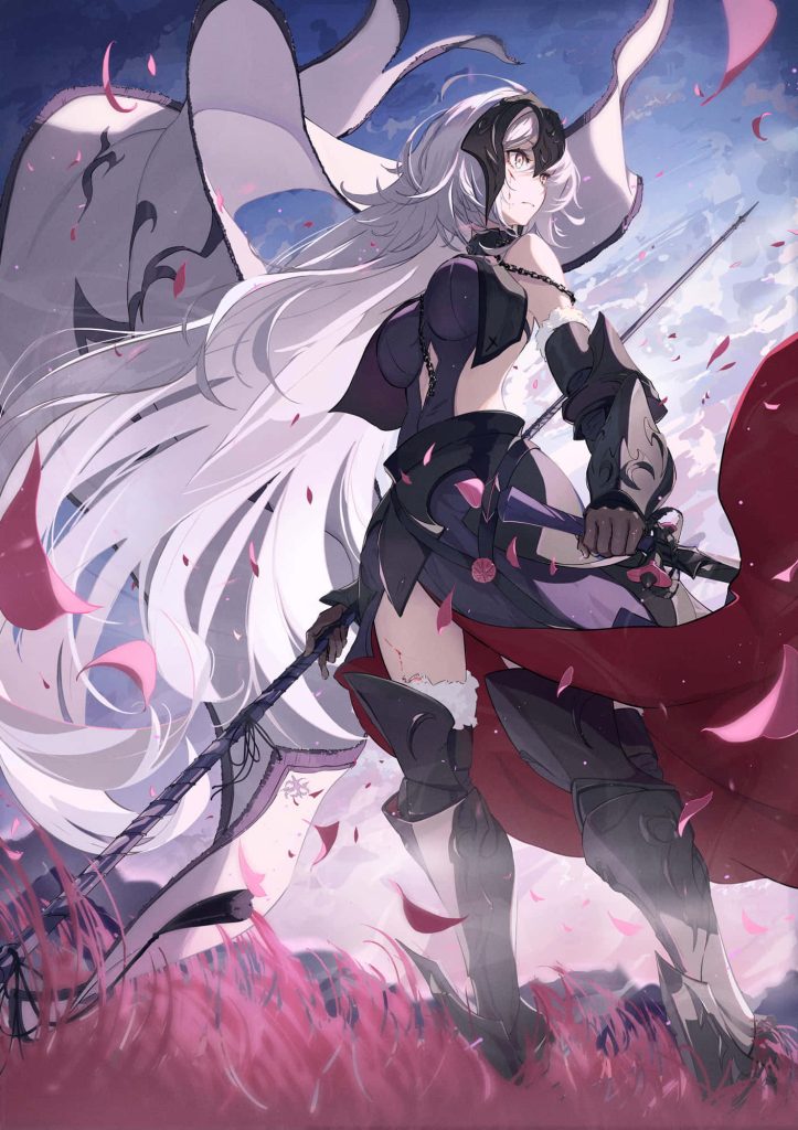 Jeanne d'Arc Alter Fate Grand Order anime wallpaper dark armor silver hair crimson cape petals