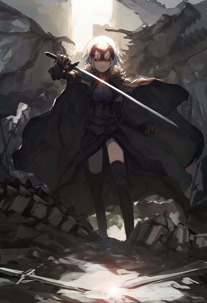 Jeanne d'Arc Alter Fate anime in dark armor with sword on rocky battlefield digital art wallpaper