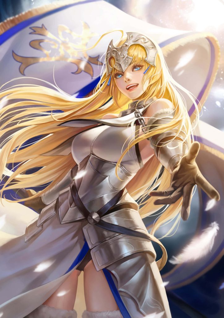 Jeanne dArc Fate Grand Order anime wallpaper silver armor blonde hair iconic flag background
