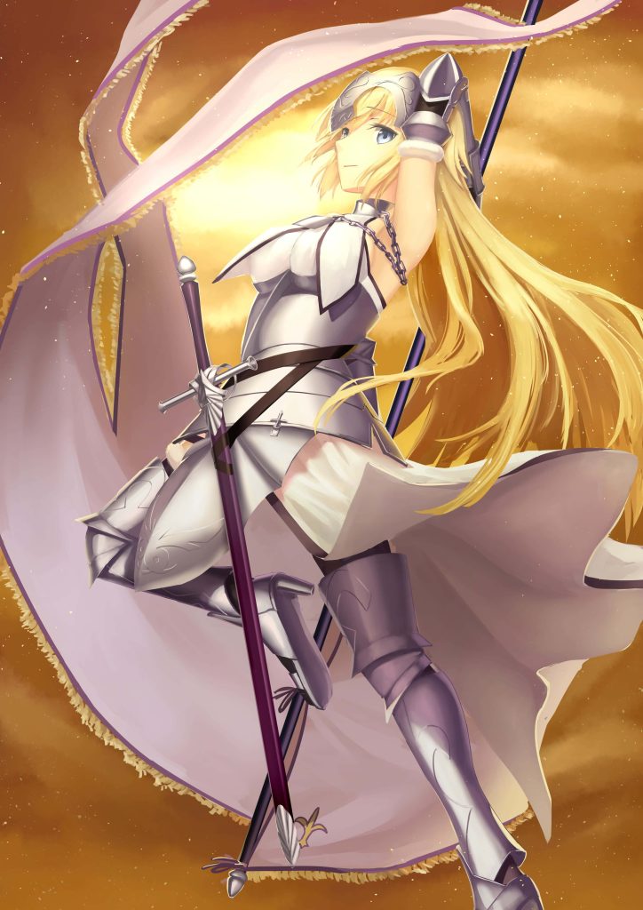 Jeanne dArc Fate Grand Order wallpaper silver armor holy banner radiant golden background anime