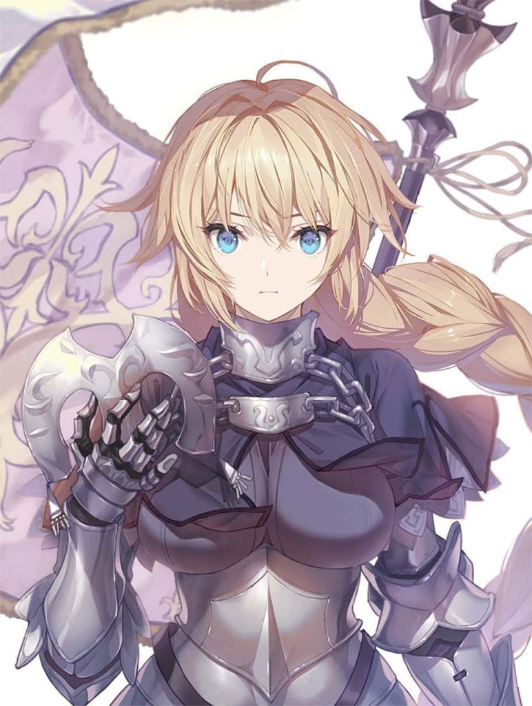 Jeanne d'Arc Fate Order anime wallpaper Ruler class heroine silver armor blonde braids banner background