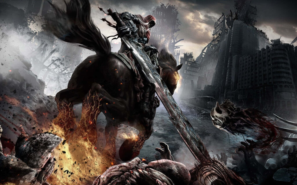 Epic Final Fantasy XV Wallpaper with Heroic Figure in Battle & Menacing Creature on Chaotic Background