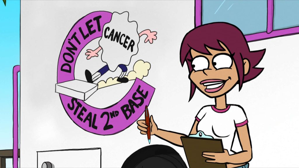 Jeena MTV Good Vibes cartoon holding clipboard by Dont Let Cancer Steal 2nd Base sign wallpaper