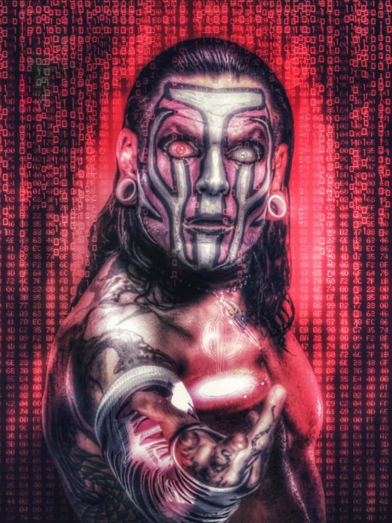 Jeff Hardy digital art wallpaper neon red cyberpunk face paint tattoos gauges binary code background