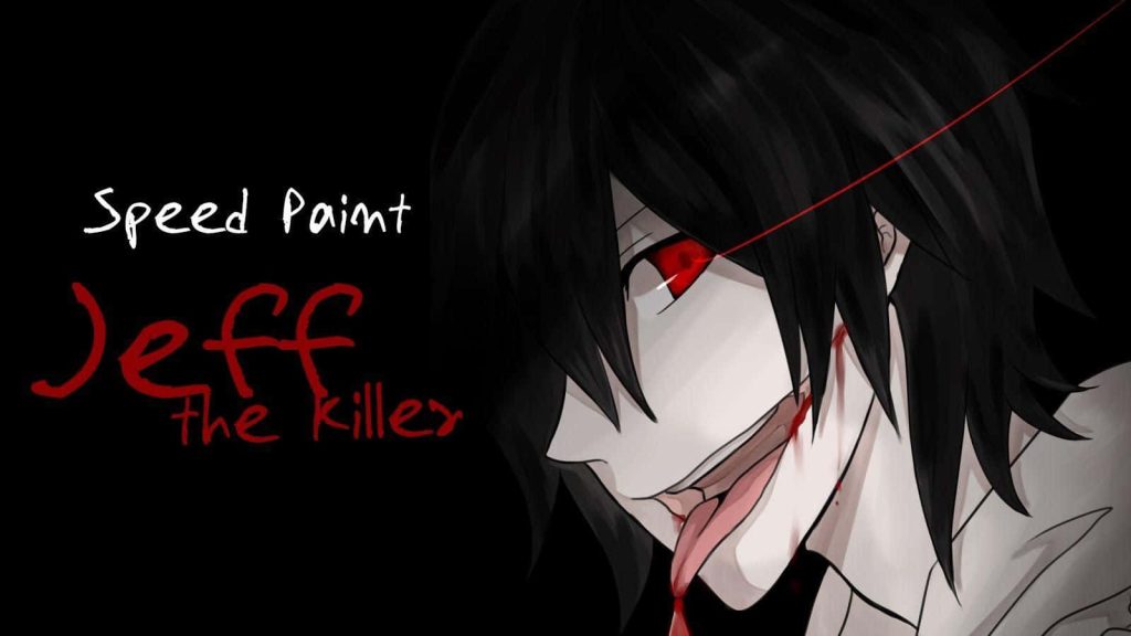 Dark anime-style Jeff the Killer with pale skin red eyes and bloody Glasgow smile speed paint wallpaper