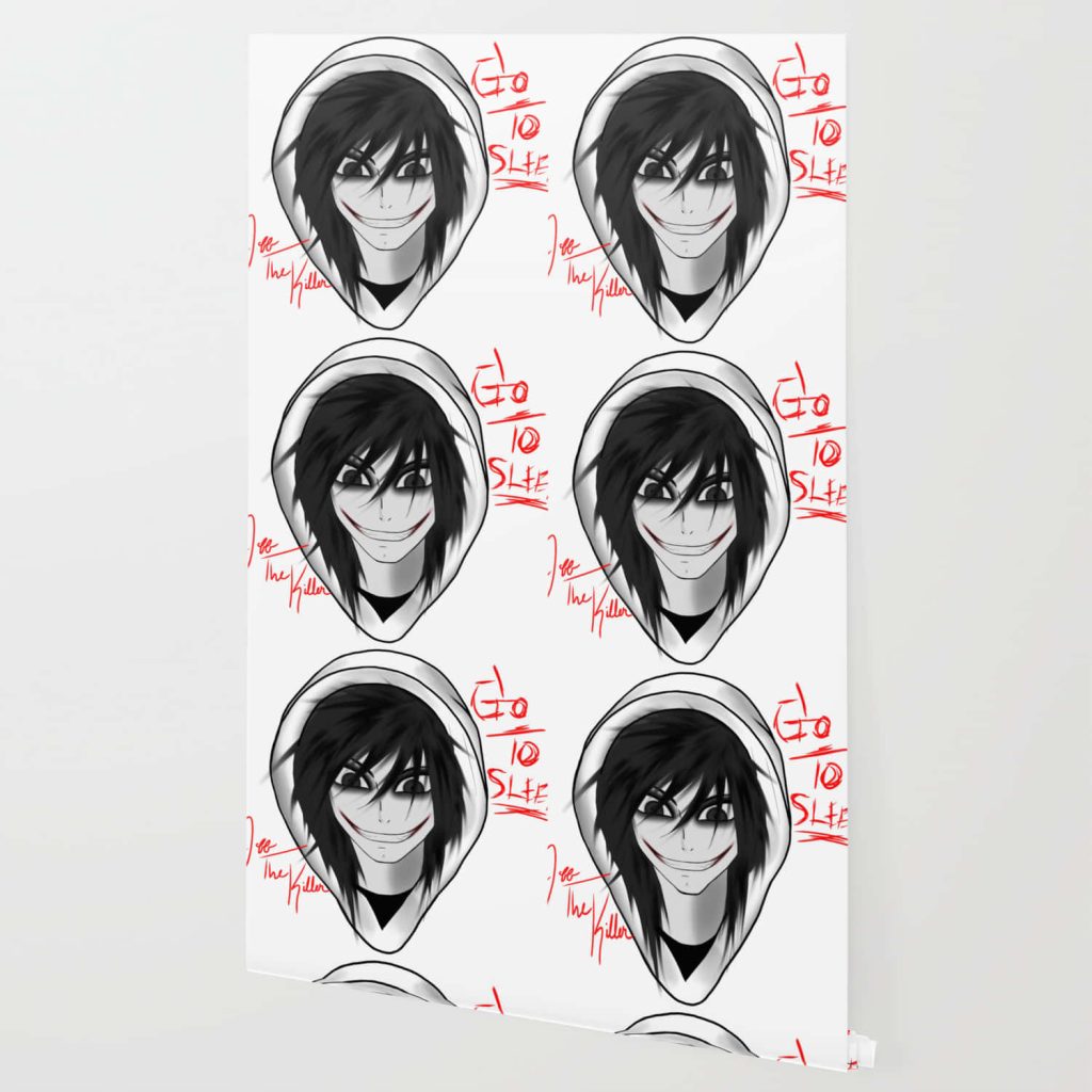 Jeff the Killer wallpaper with repeating doodle pattern red Go to sleep text horror art background