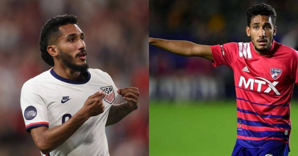 Jesús Ferreira in USMNT and FC Dallas kits dynamic split-screen soccer wallpaper background