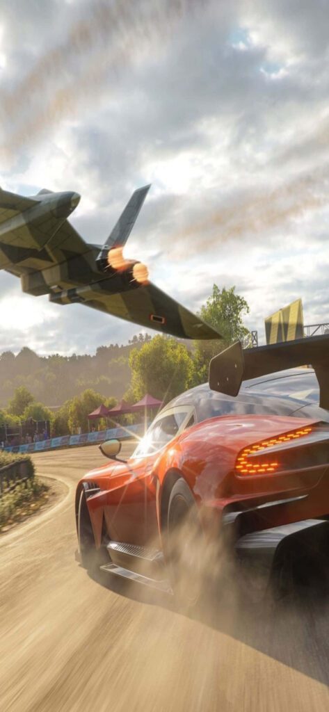 High-performance race car kicking up dust on track with low-flying aircraft overhead in dynamic Forza Motorsport 7 wallpaper