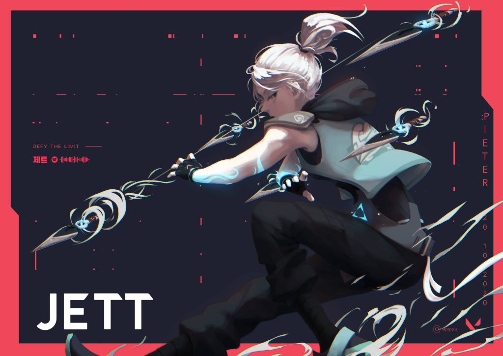 Jett from Valorant mid-dash using Blade Storm ultimate with glowing kunai daggers wallpaper