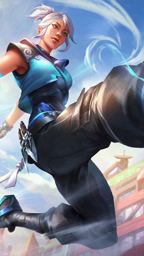 Valorant Jett mid-air flying kick with wind effects white hair tactical blue vest kunai wallpaper