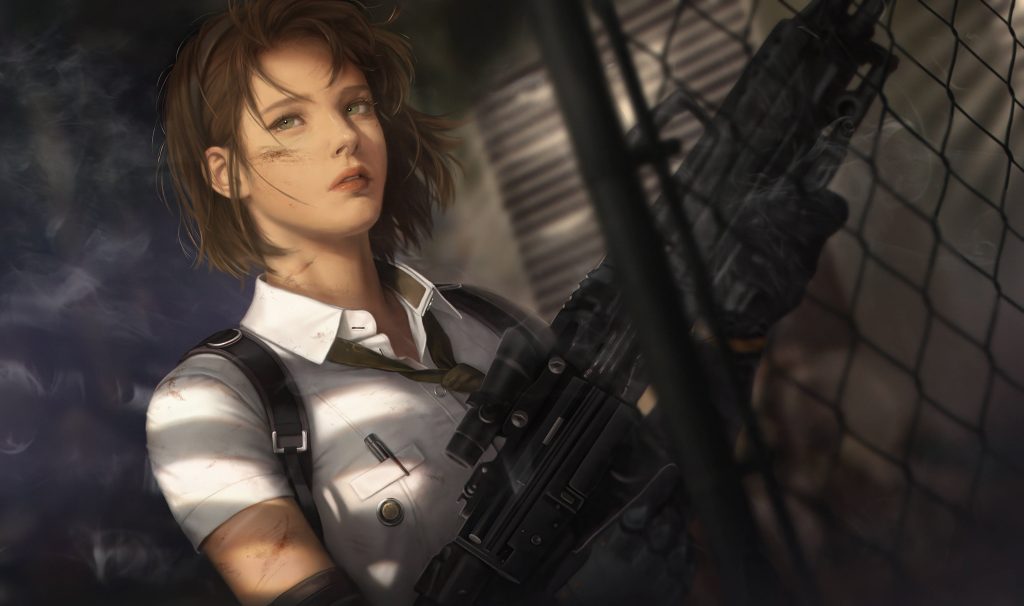 Jill Valentine Resident Evil digital art holding tactical rifle smoky cinematic lighting wallpaper