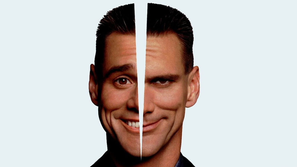 Jim Carrey split-face wallpaper showing two contrasting expressions highlighting comedic versatility