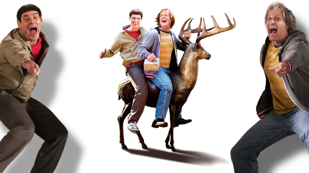 Jim Carrey and Jeff Daniels as Dumb and Dumber riding a deer vibrant comedic wallpaper background