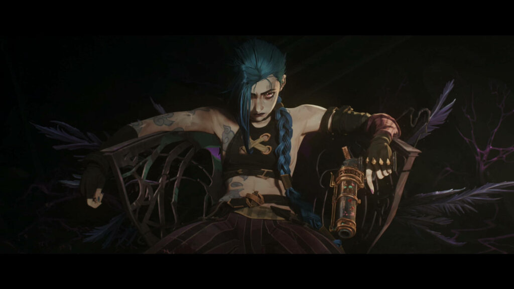Jinx from Arcane with signature blue hair sitting on dark throne emitting rebellious energy wallpaper