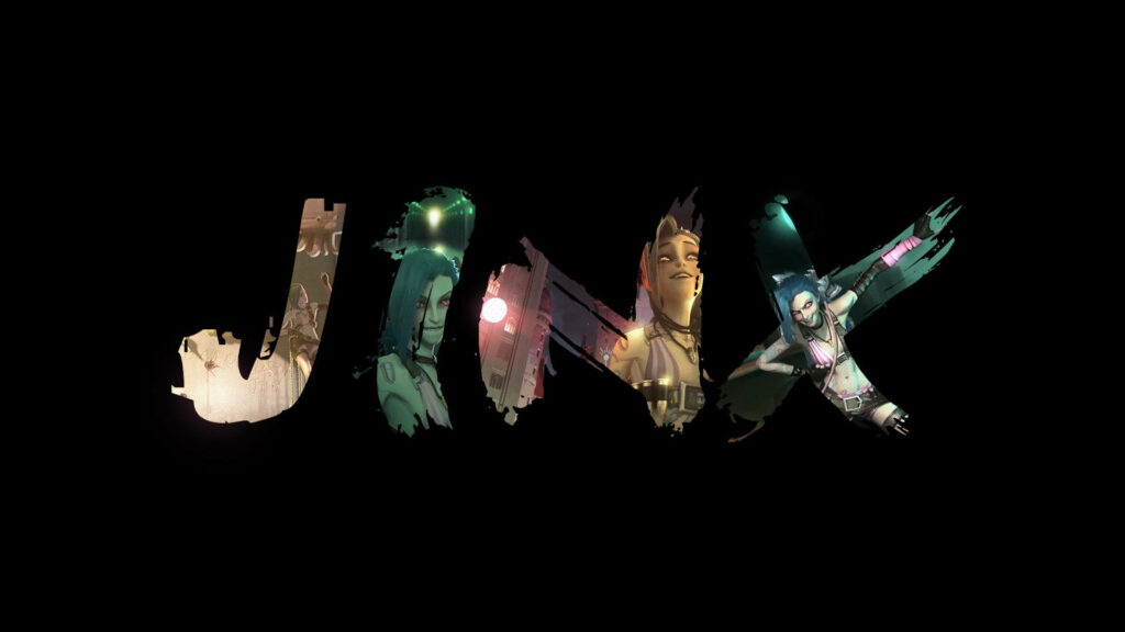 Creative Jinx Arcane fan art wallpaper with show scenes inside her name on a dark background