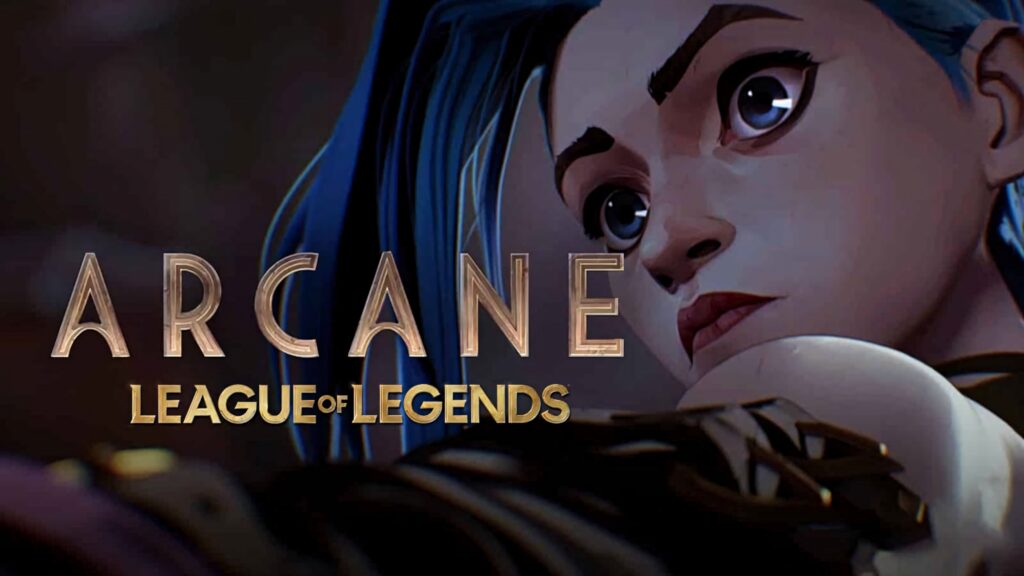 Jinx from Arcane League of Legends intense expression dynamic animated series wallpaper background