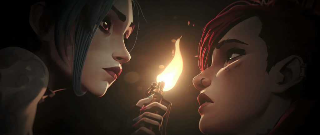 Jinx and Vi: Dramatic Arcane Wallpaper with Intense Glow