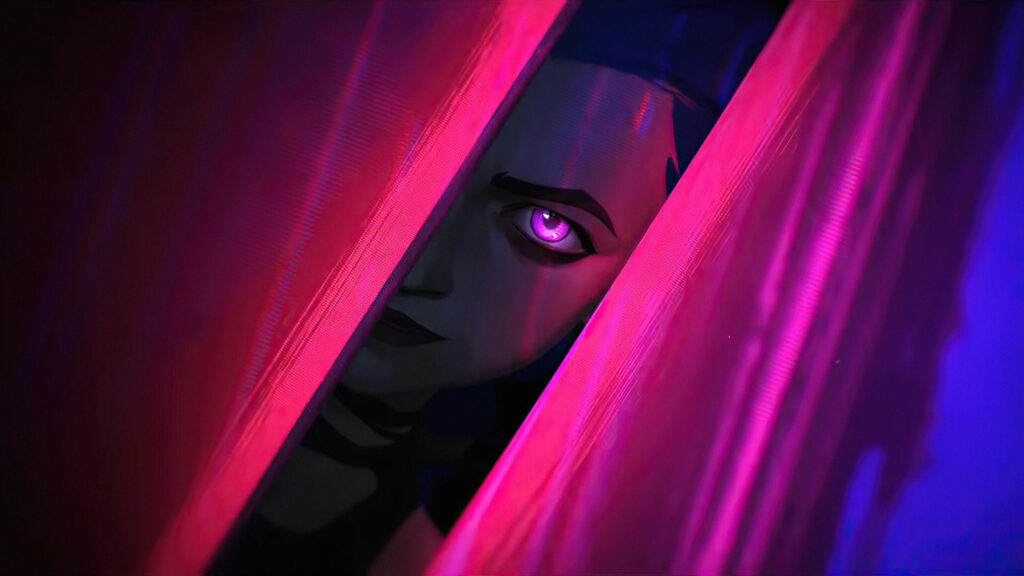 Mischievous Jinx Concealed within a Mysterious Pink Wall, Radiating with Eerie Pink Gaze - Arcane League of Legends Ambient Shot Wallpaper
