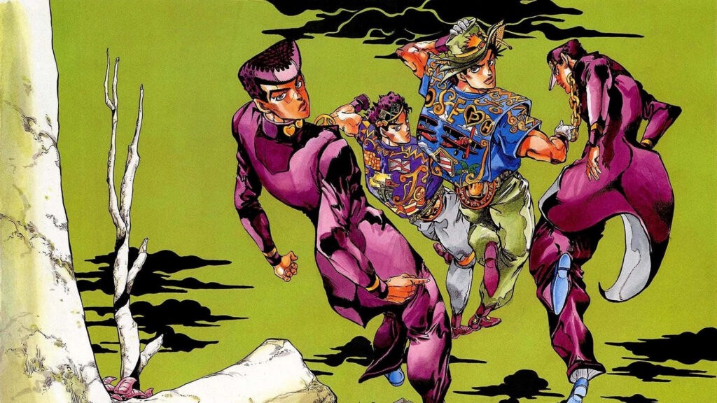 JoJos Bizarre Adventure Battle Tendency wallpaper with dynamic characters bold poses green background