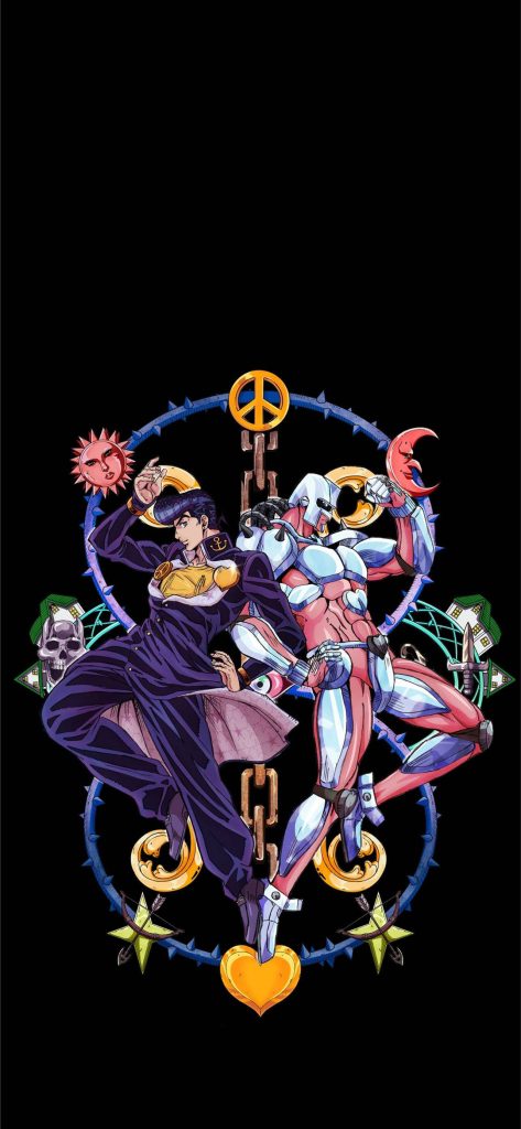 Josuke Higashikata and Crazy Diamond striking pose with vibrant symbols JoJos wallpaper black background