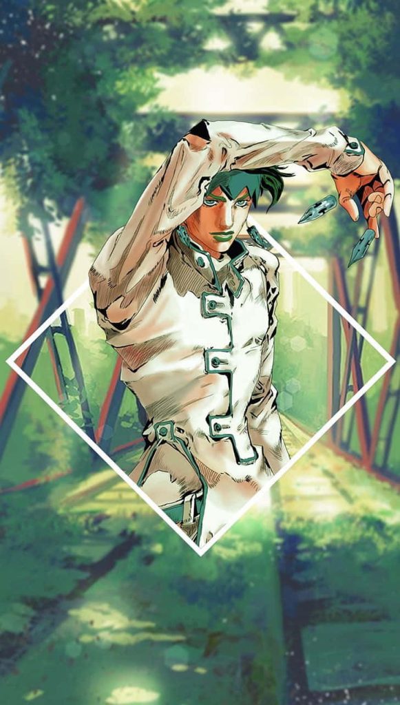 JoJo’s Bizarre Adventure Rohan Kishibe anime wallpaper in diamond frame with dreamy park background