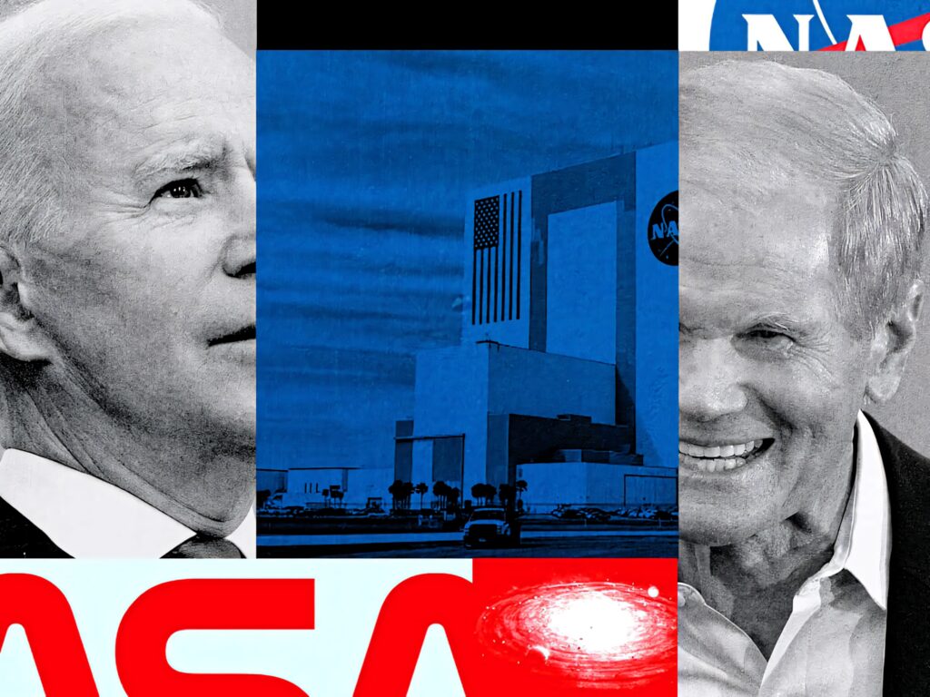 Collage of Joe Biden Bill Nelson NASA building highlighting US space program leadership wallpaper