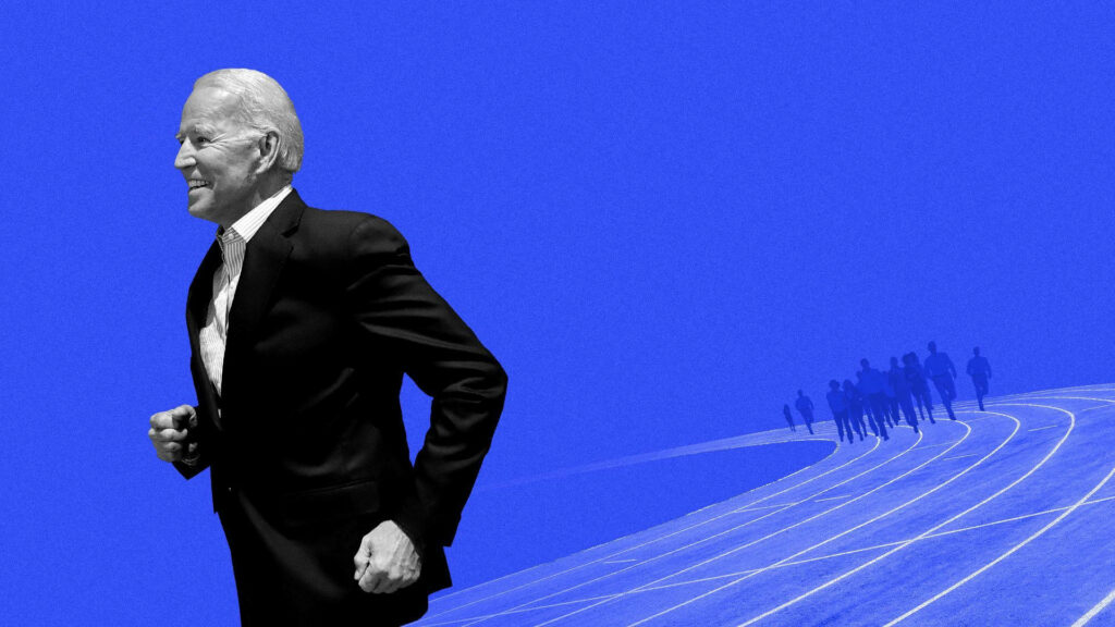 Joe Biden Running on Blue Track: Presidential Campaign Wallpaper