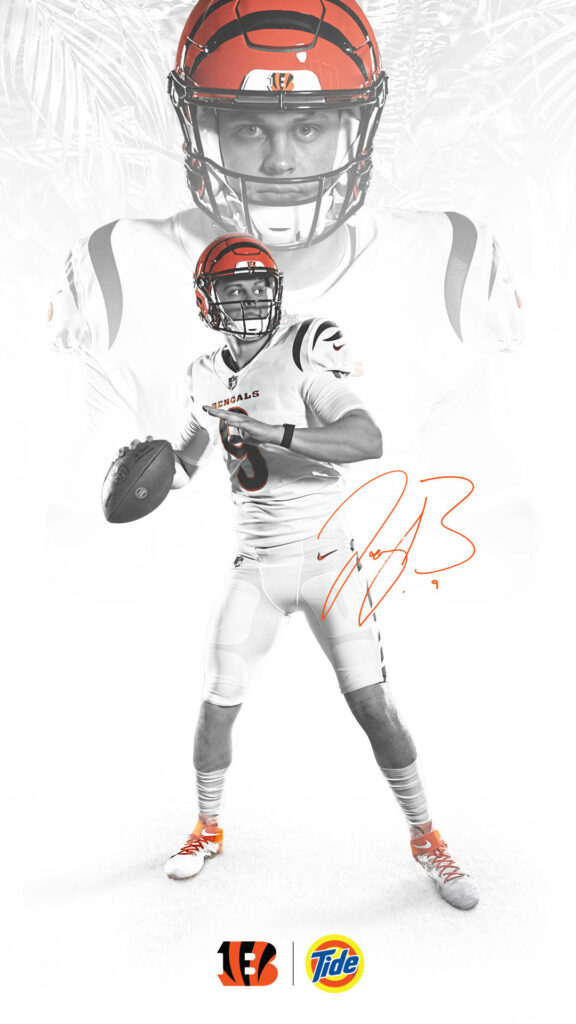 Joe Burrow Cincinnati Bengals wallpaper in white orange uniform poised to throw with logos