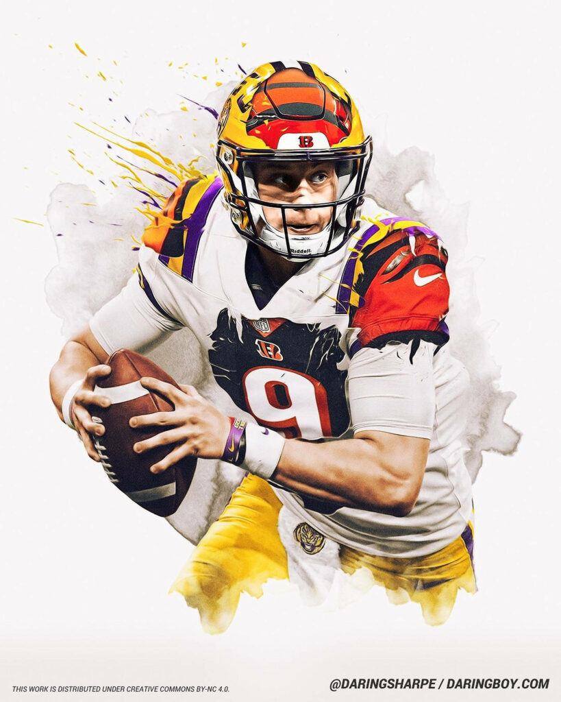 Joe Burrow in LSU Tigers uniform poised to throw football digital art wallpaper background