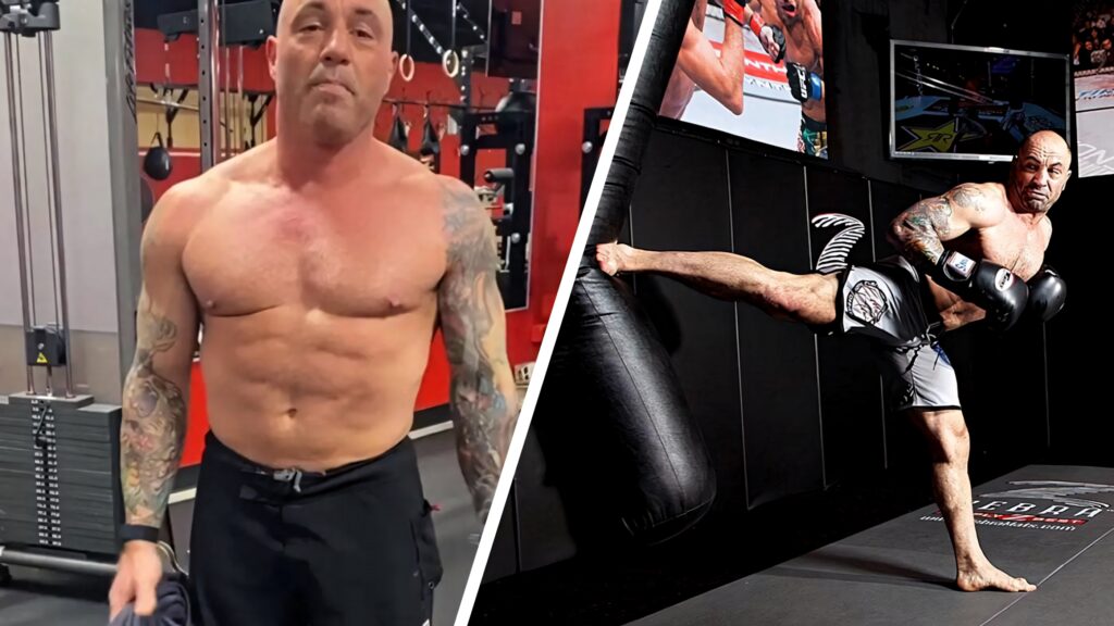Joe Rogan UFC training gym workout intense strength focus powerful kicks on heavy bag wallpaper