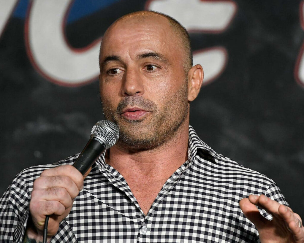Joe Rogan performing stand-up comedy wearing black and white checkered shirt on stage Wallpaper