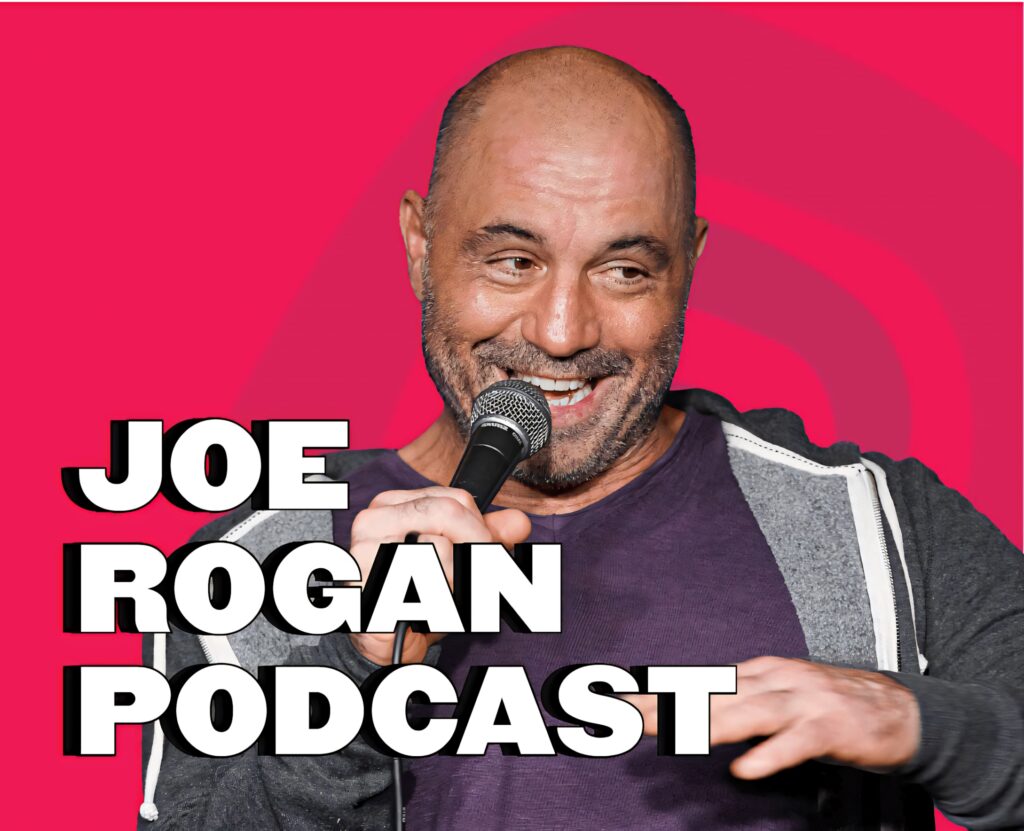 Joe Rogan smiling with microphone on bold pink background podcast wallpaper background