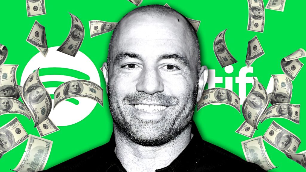 Joe Rogan smiling with Spotify logo and floating money highlighting successful partnership Wallpaper