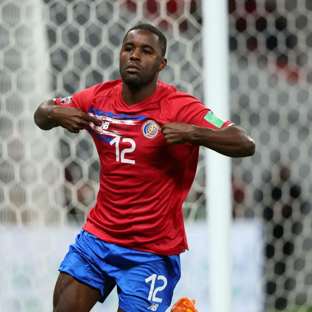Joel Campbell Costa Rica football player in red blue kit number 12 active stadium background Wallpaper
