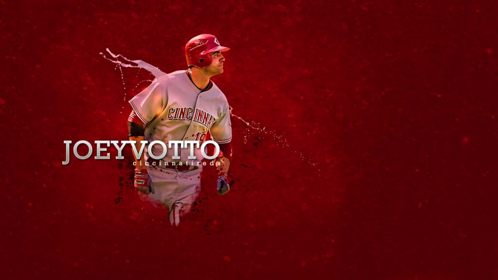 Joey Votto Cincinnati Reds mid-action dynamic wallpaper deep red baseball energy background