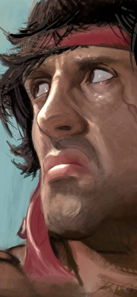 Closeup digital art of John Rambo with red headband and rugged features on blue background Wallpaper