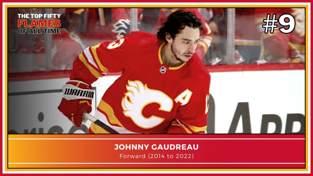 Johnny Gaudreau in red and yellow Calgary Flames jersey skating dynamically on ice wallpaper background