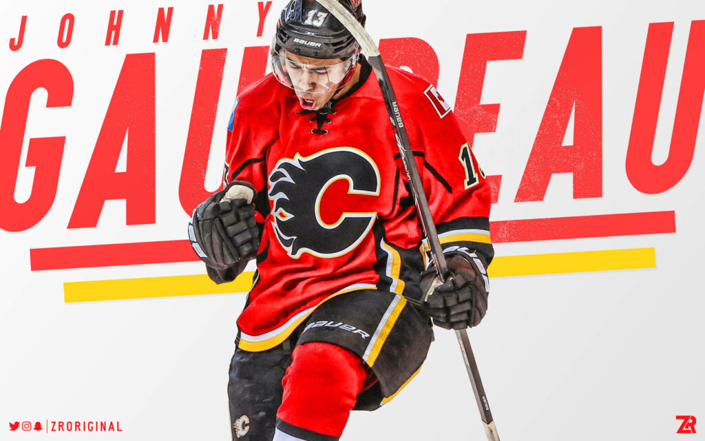 Johnny Gaudreau Calgary Flames action wallpaper red jersey white background hockey intensity