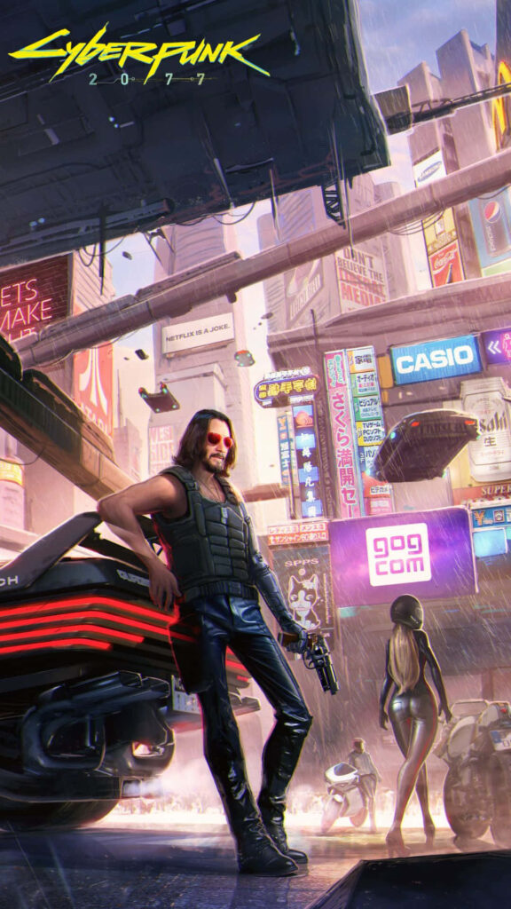 Johnny Silverhand Strikes a Pose Amidst Cyberpunk Splendor: An Epic Android Wallpaper with a Sleek Ride
