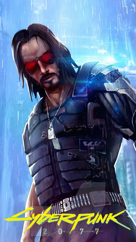 Neo-noir Delight: Johnny Silverhand's Dystopian Aura in Cyberpunk 2077 Android Wallpaper