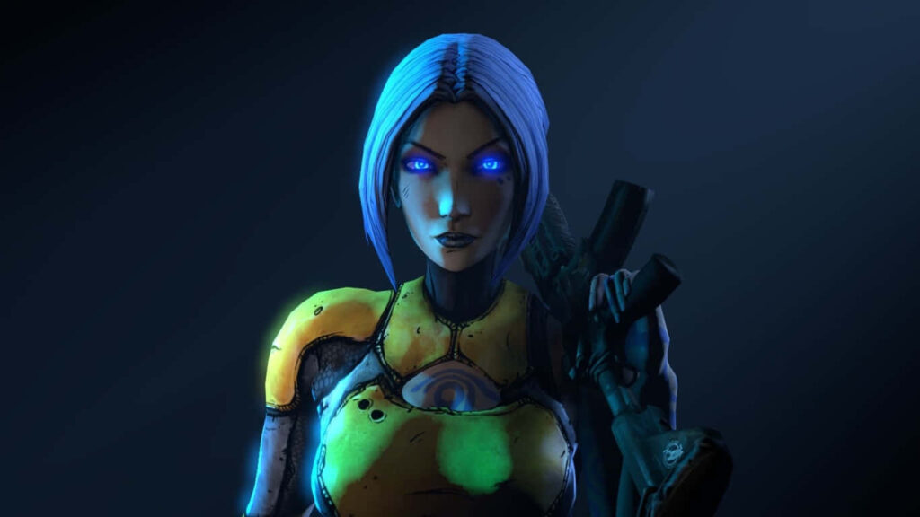 Borderlands 3 character with blue hair and yellow bodice in moody backlit scene Wallpaper
