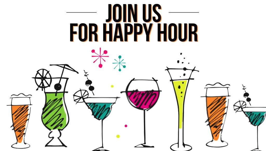 Happy hour wallpaper with colorful hand-drawn cocktails festive bar party background design